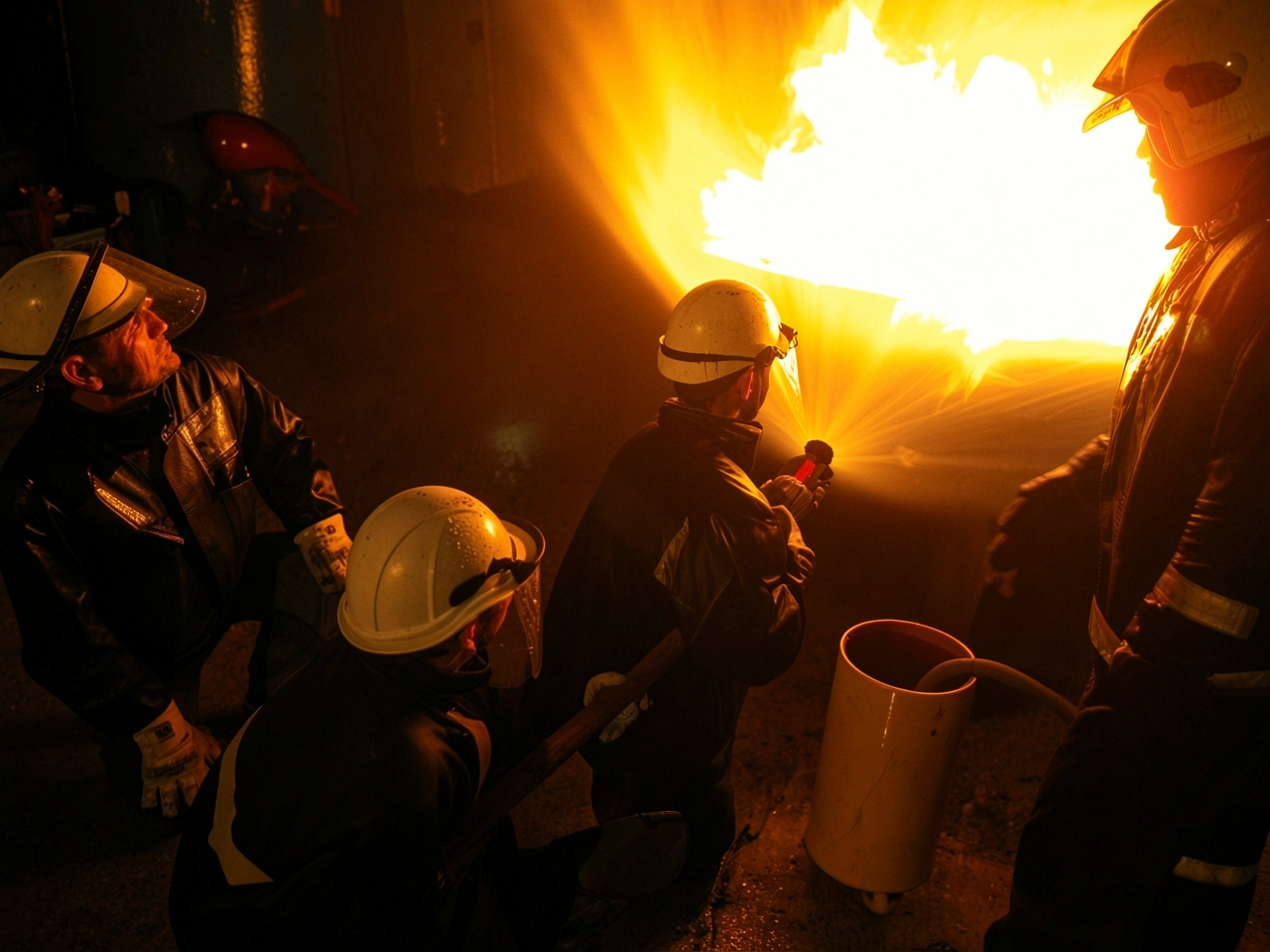 Alumnos durante una práctica de extinción con fuego real